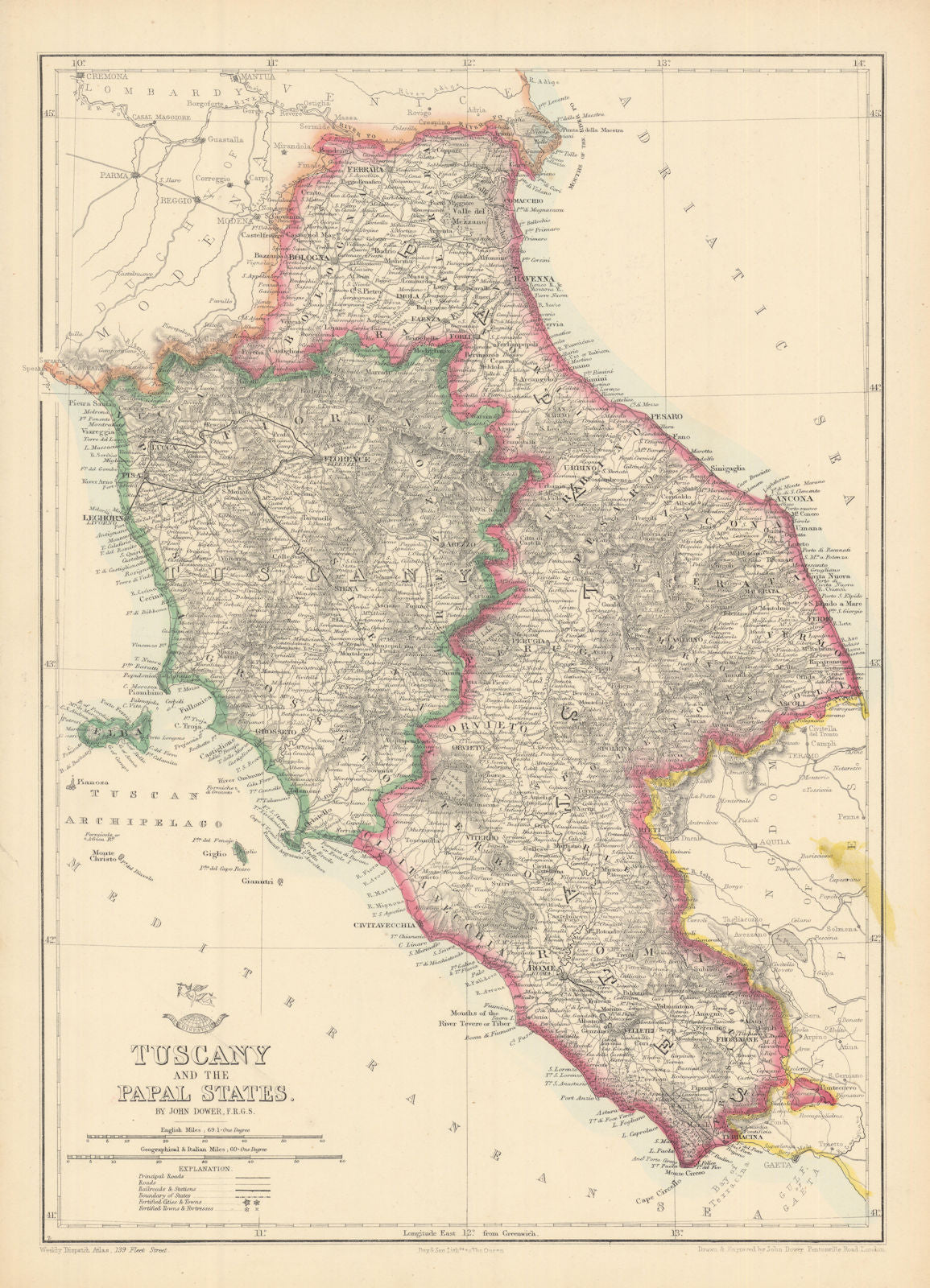 'Tuscany and the Papal States'. Italy. Shows early railways. DOWER 1863 map